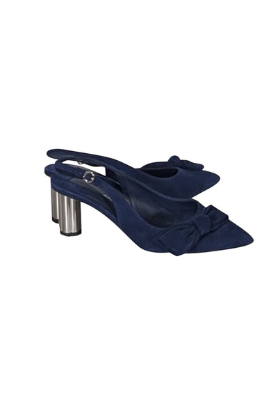 Current Boutique-Ferragamo - Navy Suede Bow Toe Sling Back Heels Sz 5.5