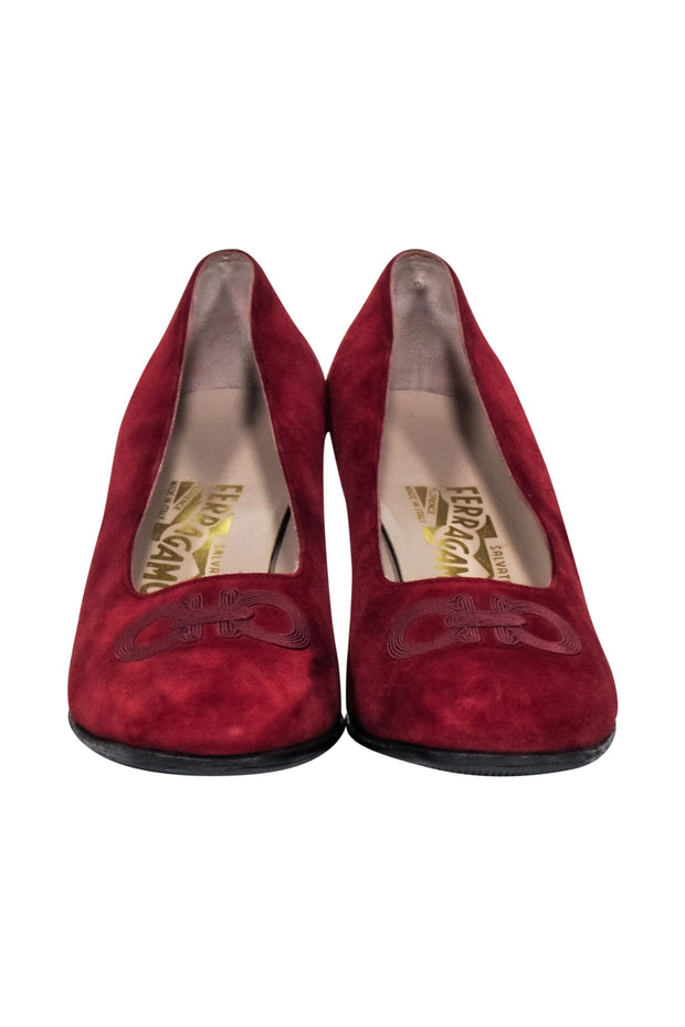 Current Boutique-Ferragamo - Red Suede Pumps w/ Logo Stitching Sz 9.0