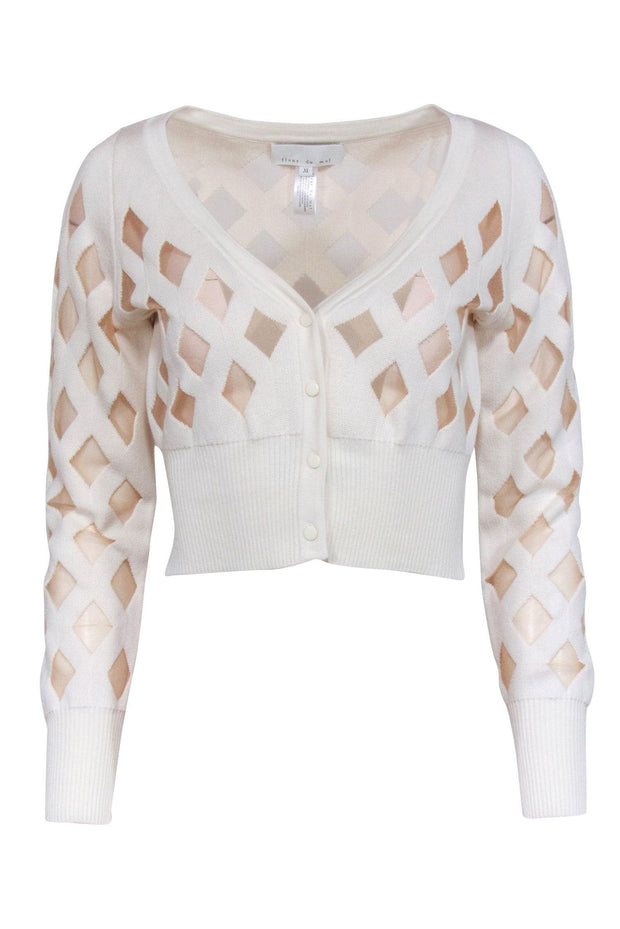 Current Boutique-Fleur Du Mal - Cream Cropped Cardigan w/ Sheer Diamond Pattern Sz M