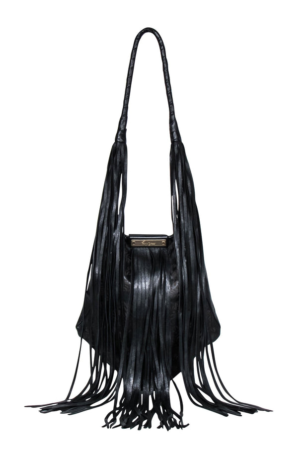 Current Boutique-Foley & Corinna - Black & Tan Paisley Print Faux Leather Bag w/ Fringe