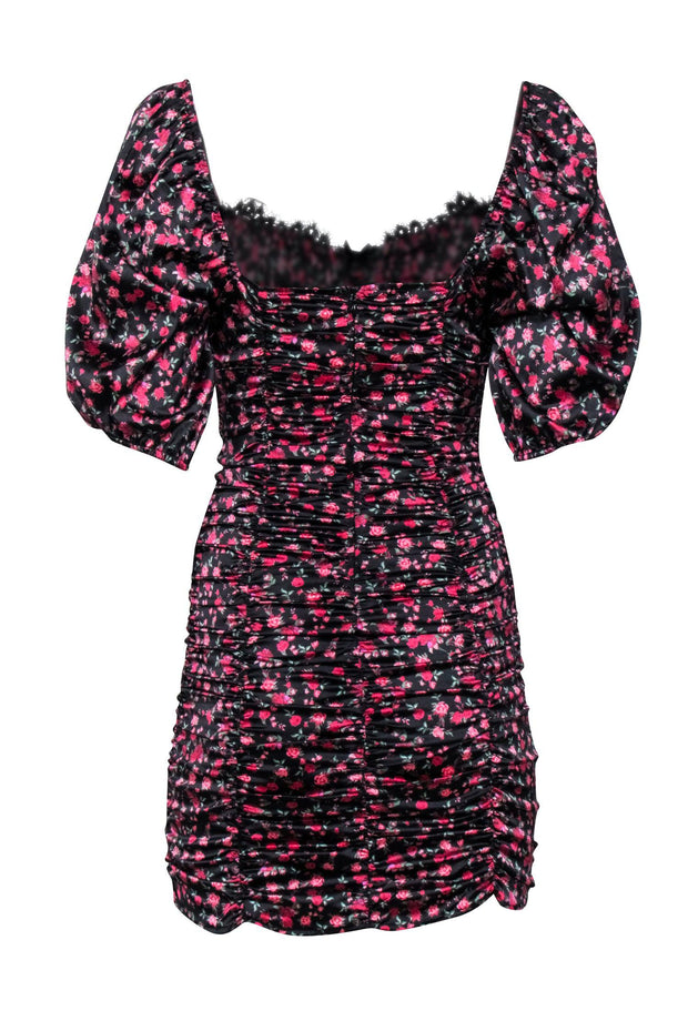 Current Boutique-For Love & Lemons - Black w/ Pink Rose Print Satin Ruched Dress Sz S