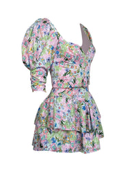 Current Boutique-For Love & Lemons - Green Multicolor Floral Print Puff Sleeve Mini Dress Sz XS