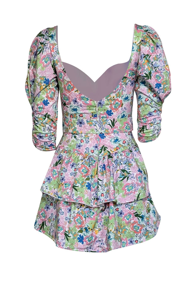 Current Boutique-For Love & Lemons - Green Multicolor Floral Print Puff Sleeve Mini Dress Sz XS