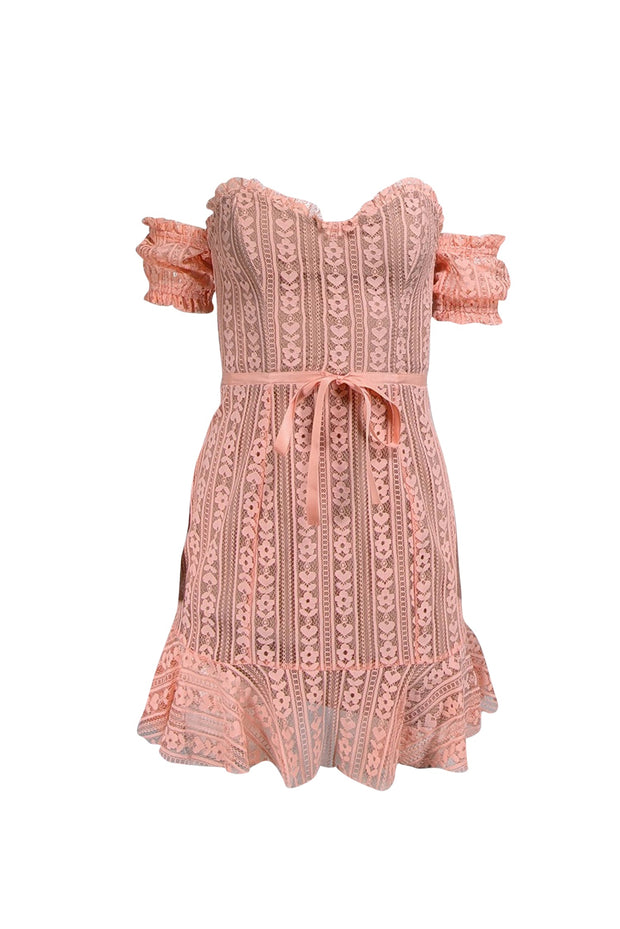 Current Boutique-For Love & Lemons - Peach Lace Off-the-Shoulder Mini Dress Sz S