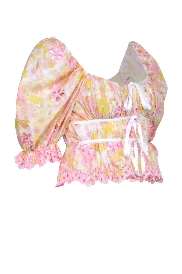 Current Boutique-For Love & Lemons - Pink, Yellow, & Ivory Floral Print Puff Sleeve Top Sz S