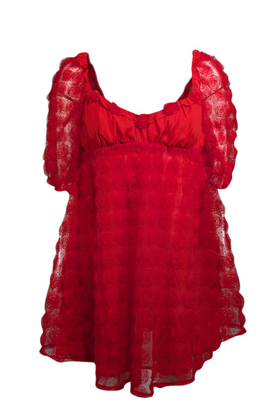 Current Boutique-For Love & Lemons - Red Floral Chiffon Puff Sleeve Mini Dress Sz L