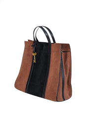 Current Boutique-Fossil - Tan &amp; Black Color-Block Suede Satchel Bag