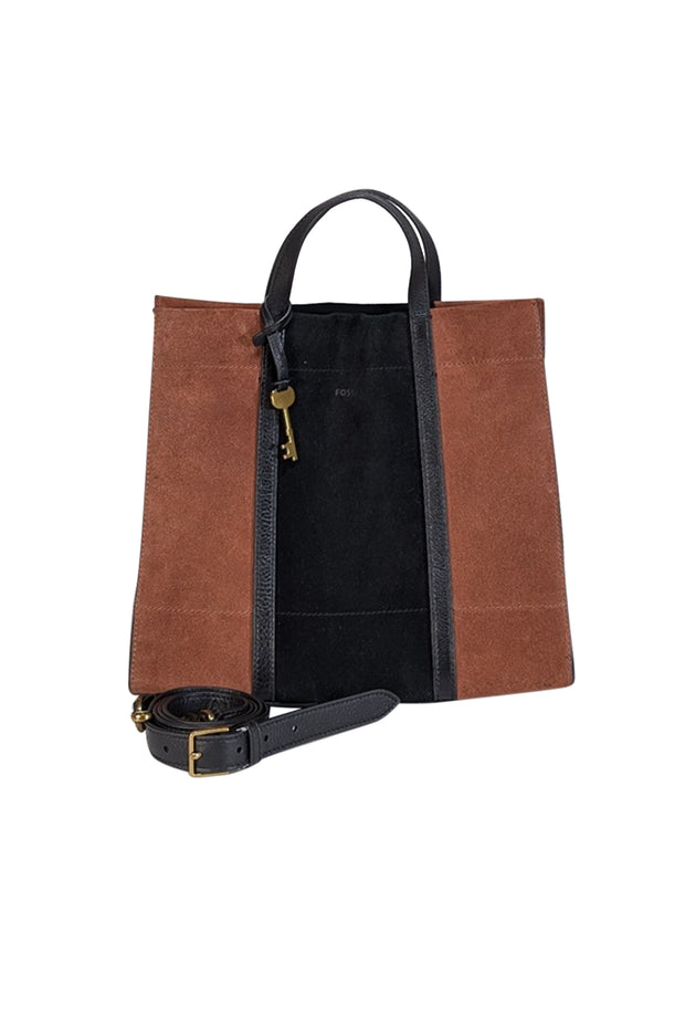 Current Boutique-Fossil - Tan &amp; Black Color-Block Suede Satchel Bag