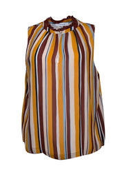 Current Boutique-Frame - Orange, Beige, & Burgundy Striped Silk Sleeveless Top Sz M