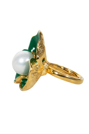 Current Boutique-Frances Valentine - Gold Ring w/ Green Flower & Pearl Sz 7