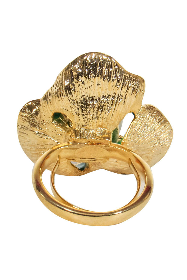 Current Boutique-Frances Valentine - Gold Ring w/ Green Flower & Pearl Sz 7