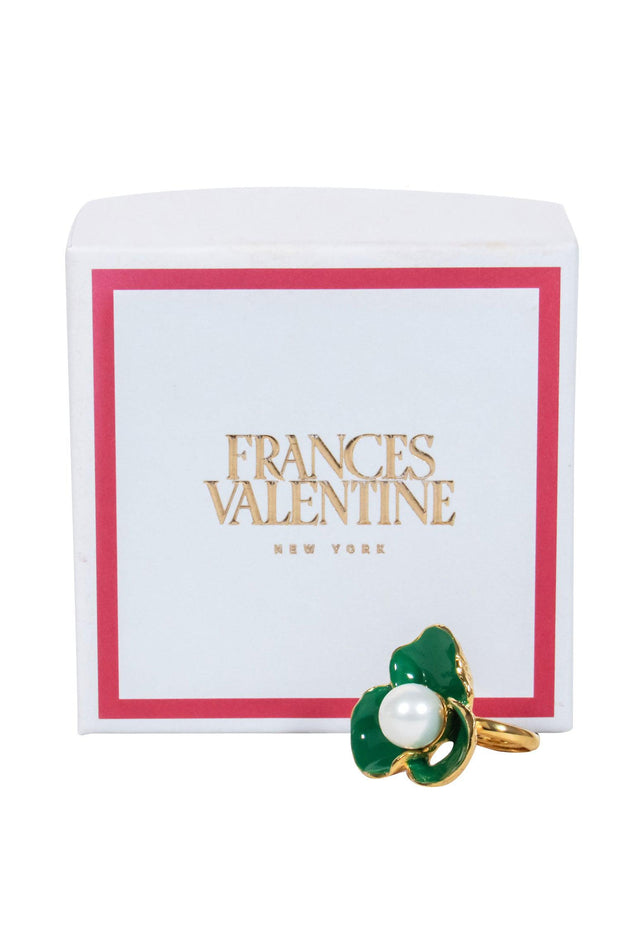 Current Boutique-Frances Valentine - Gold Ring w/ Green Flower & Pearl Sz 7