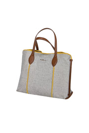 Current Boutique-Furla - Beige & Black Blend Handbag w/ Yellow Trim & Tan Leather Details