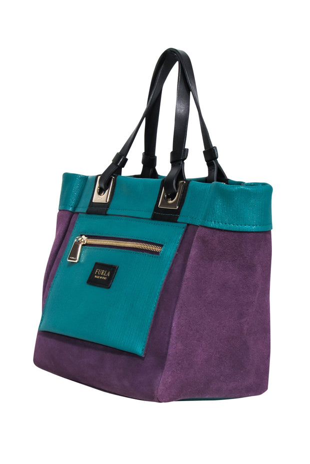 Current Boutique-Furla - Purple Suede & Teal Leather Mini Tote Bag