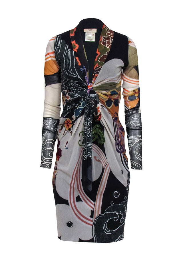 Current Boutique-Fuzzi - Black, Green, & Orange, White Print Knot Front Dress Sz M