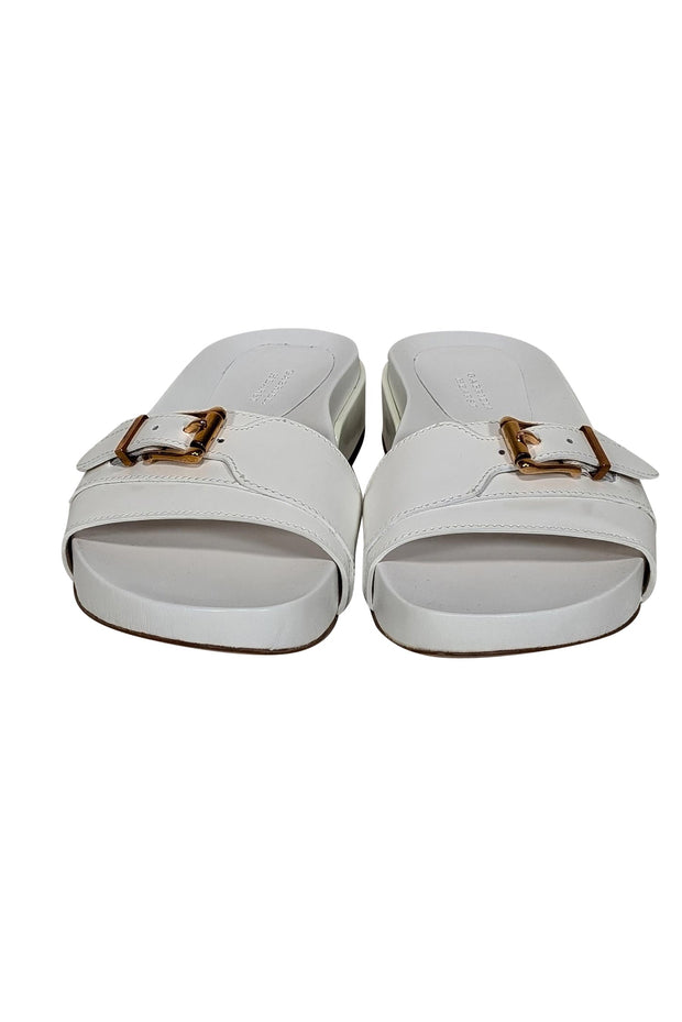 Current Boutique-Gabriela Hearst - Ivory Leather Slide Sandals w/ Gold Buckle Detail Sz 5