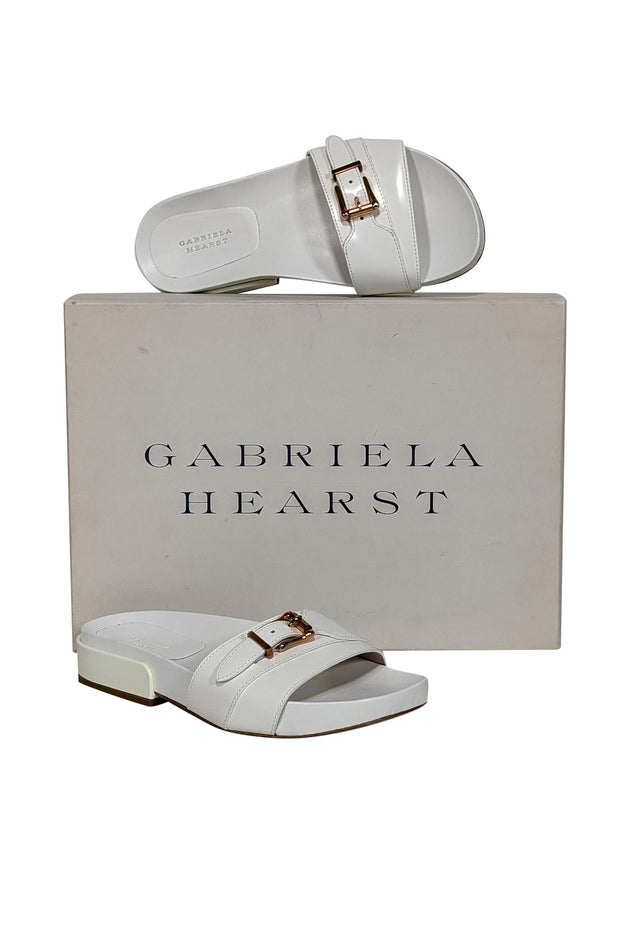 Current Boutique-Gabriela Hearst - Ivory Leather Slide Sandals w/ Gold Buckle Detail Sz 5