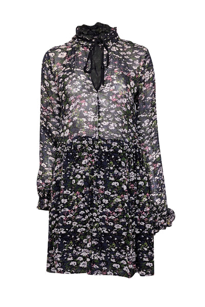 Current Boutique-Ganni - Black Multicolor Floral Print w/ Neck Tie Long Sleeve Dress Sz 2