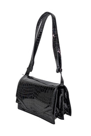 Current Boutique-Ganni - Black Patent Leather Croc Embossed Shoulder Bag