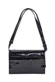 Current Boutique-Ganni - Black Patent Leather Croc Embossed Shoulder Bag