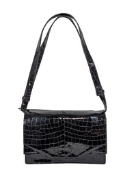 Current Boutique-Ganni - Black Patent Leather Croc Embossed Shoulder Bag