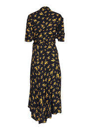 Current Boutique-Ganni - Black w/ Yellow Floral Print Wrap Dress Sz 10