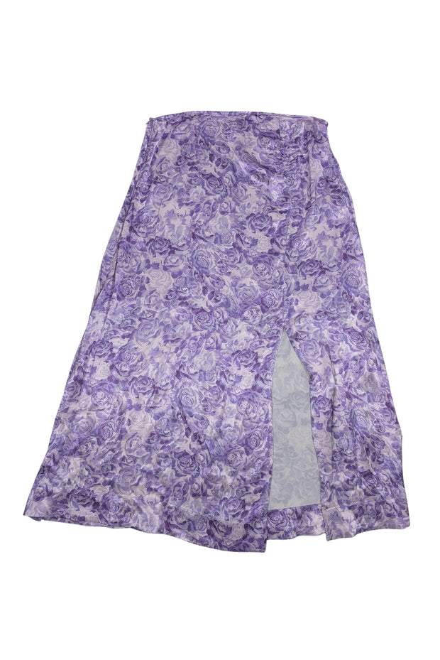 Current Boutique-Ganni - Lavender & Purple Floral Print Satin Front Slit Midi Skirt Sz 10