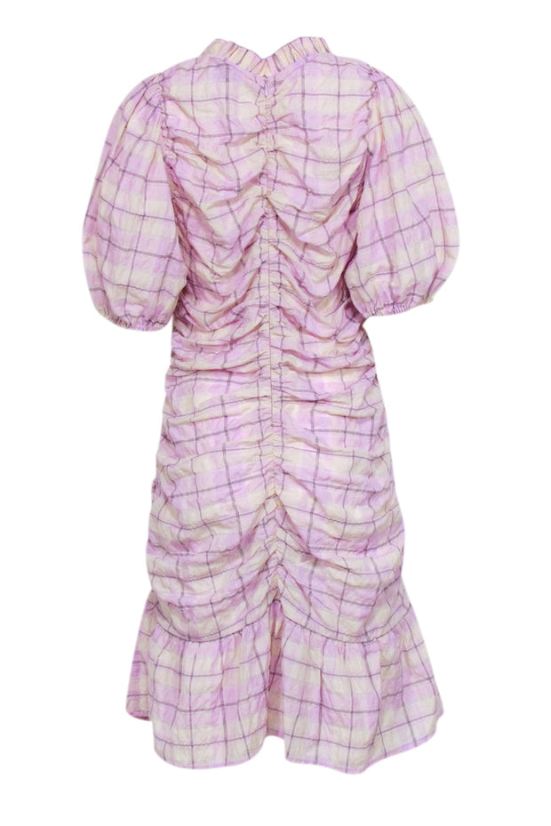 Current Boutique-Ganni - Lilac & Cream Check Printed Seersucker Mini Dress Sz 14