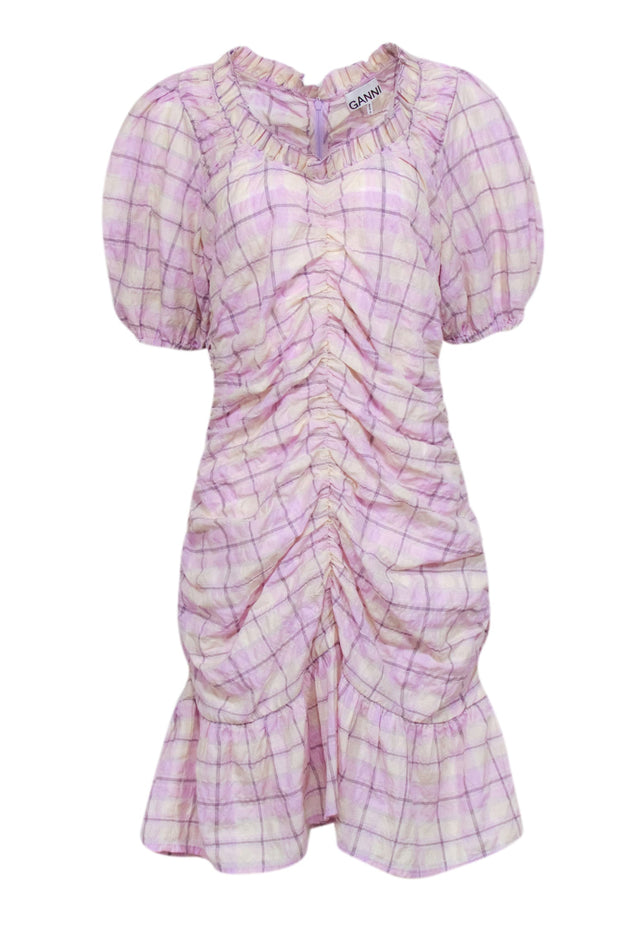 Current Boutique-Ganni - Lilac & Cream Check Printed Seersucker Mini Dress Sz 14