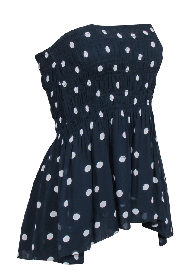 Current Boutique-Ganni - Navy & White Polka Dot Smocked Top Sz 0