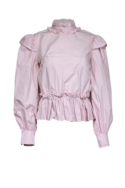 Current Boutique-Ganni - Pink High Neck Long Sleeve w/ Ruffle Details Top Sz M