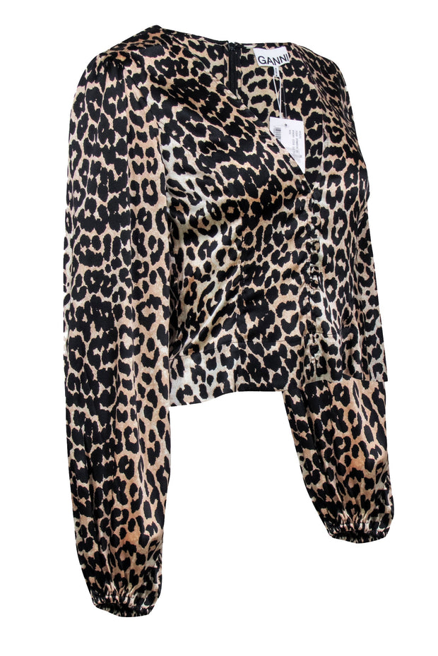 Current Boutique-Ganni - Tan & Black Leopard Print Silk Blend Blouse Sz 4