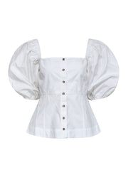 Current Boutique-Ganni - White Poplin Puff-Sleeve Top Sz 6