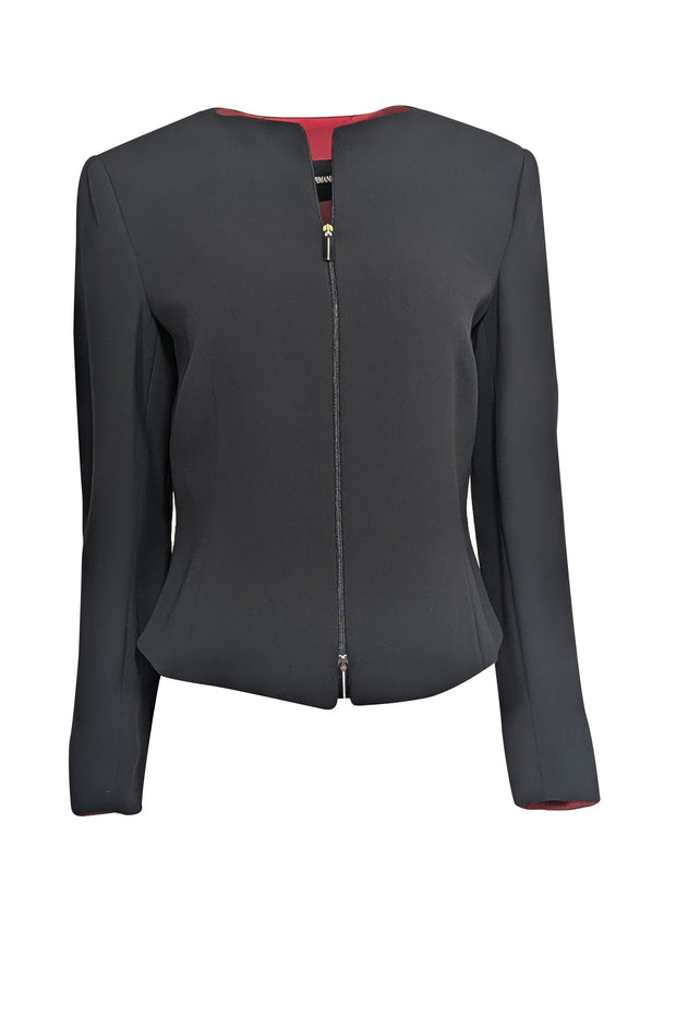 Current Boutique-Giorgio Armani - Black Collarless Zipper Front Jacket Sz M