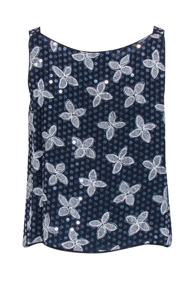 Current Boutique-Giorgio Armani - Navy w/ Cream Floral Print & Transparent Sequins Tank Sz 10