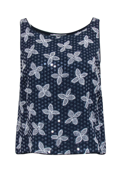 Current Boutique-Giorgio Armani - Navy w/ Cream Floral Print & Transparent Sequins Tank Sz 10