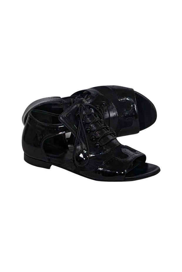 Current Boutique-Givenchy - Black Patent Leather & Mesh Cut Out Lace Up Sandals Sz 7