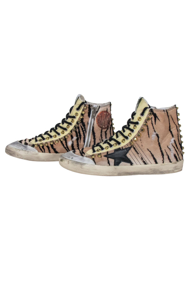 Current Boutique-Golden Goose - Beige & Black Tiger Print Studded High Top Sneakers Sz 8