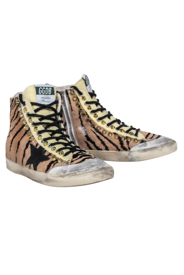 Current Boutique-Golden Goose - Beige & Black Tiger Print Studded High Top Sneakers Sz 8