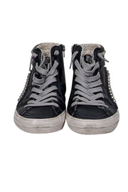 Current Boutique-Golden Goose - Black Leather Slide Mid-Top Leather Stud Sneakers Sz 7