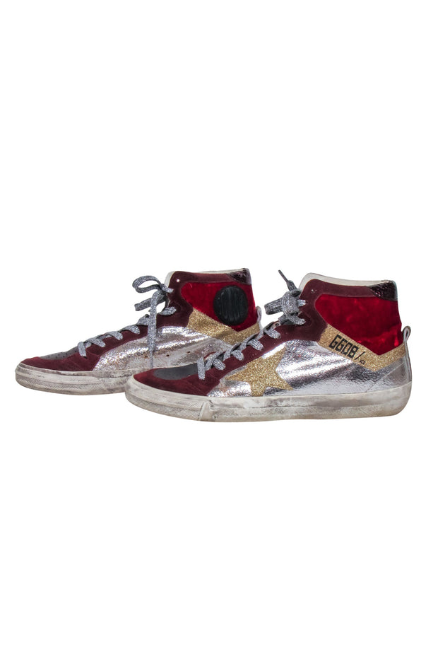 Current Boutique-Golden Goose - Maroon & Silver High Top "2.12" Sneakers Sz 9