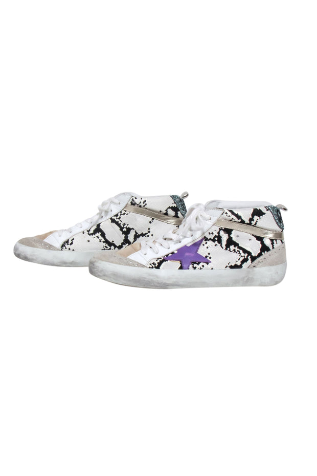 Current Boutique-Golden Goose - White & Black Python Print w/ Purple Star High TopSneakers Sz 8