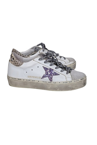 Current Boutique-Golden Goose - White Hi-Star Sneaker w/ Purple Glitter Star Detail Sz 8