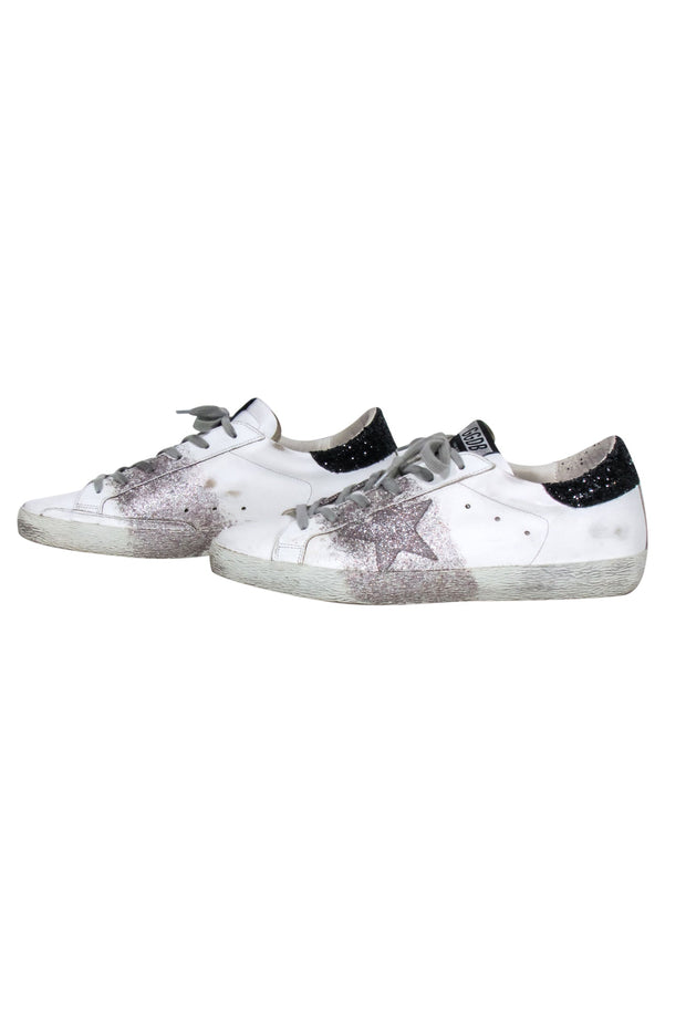 Current Boutique-Golden Goose - White Sneaker w/ Black Glitter Back & Pink & Silver Side Glitter Sz 11