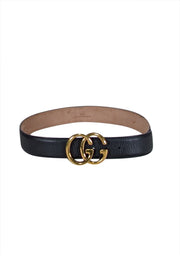 Current Boutique-Gucci - Black Leather w/ Large Shiny Brass Logo Buckle Sz S