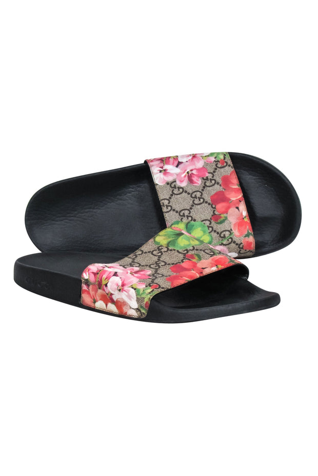 Current Boutique-Gucci - Brown Monogram "GG Blooms Supreme Floral Slide Sandals" Sz 10