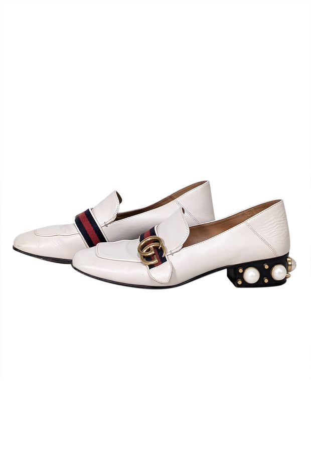 Current Boutique-Gucci - Cream Leather w/ Logo Toe and Pearl Embellished Block Heel Sz 8