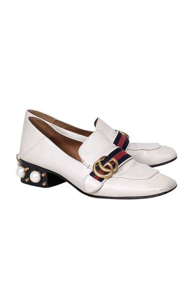 Current Boutique-Gucci - Cream Leather w/ Logo Toe and Pearl Embellished Block Heel Sz 8