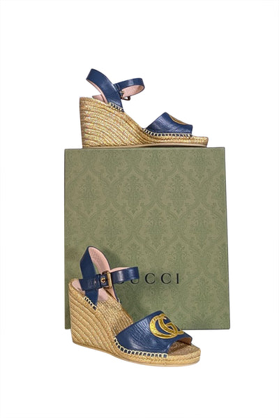 Current Boutique-Gucci - Gold & Navy Espadrille Wedge Sandals Sz 9