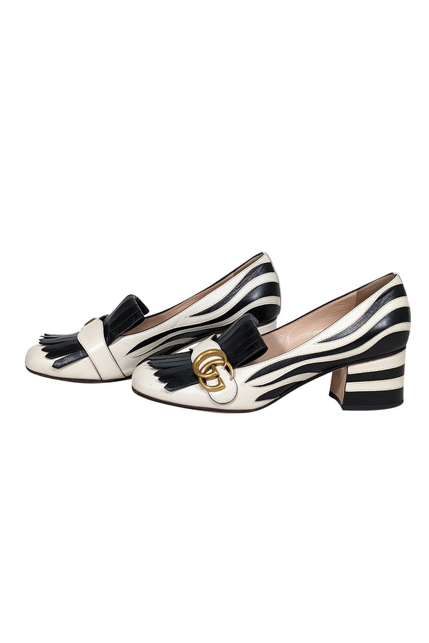 Current Boutique-Gucci - Ivory & Black Zebra Print Leather Marmont Loafer Heels Sz 7